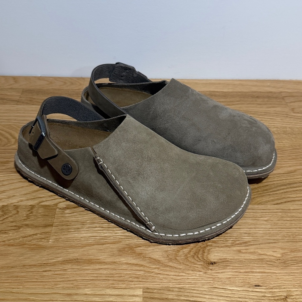 Birkenstock Lutry premium suede size 9 Taupe Suede Clogs with Buckle